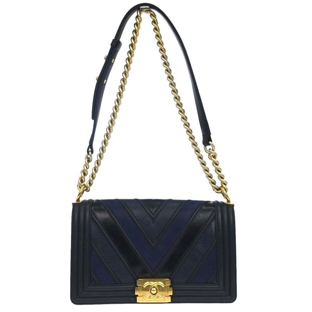 Chanel Boy Flap Chevron Caviar And Calfskin Navy Leather Shoulder Bag Bag